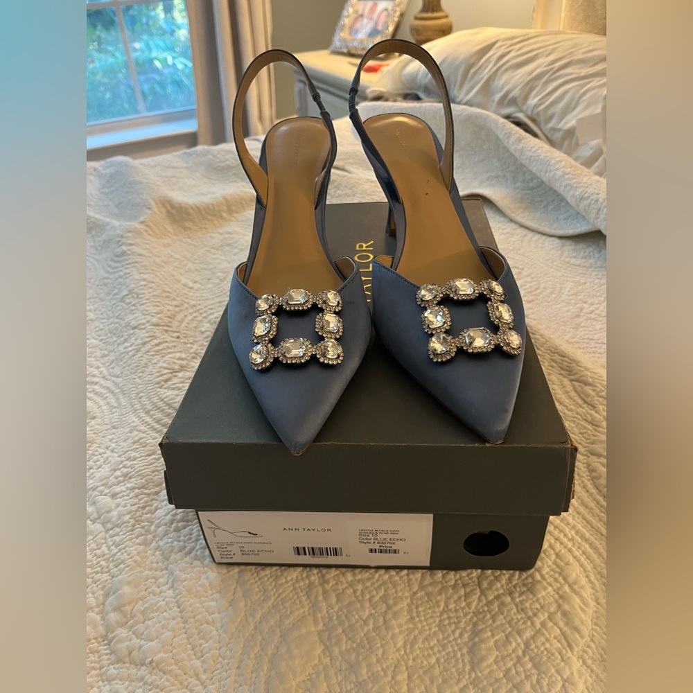 Ann Taylor Crystal Buckle Satin Slingback Pump - Blue Echo - 10 M